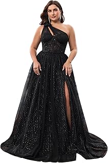 BluePlum Plus Size Wedding Guest Dress with One-Shoulder & Sequined, High Slit & Sleeveless Style Formal Maxi Dress