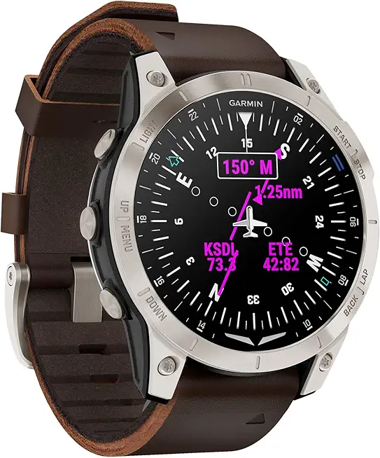 Garmin D2™ Mach 1 觸控螢幕飛行員智慧型手錶,附 GPS 移動地圖、航空天氣、健康和健康功能等,牛津棕色皮革錶帶