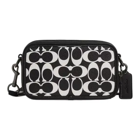 COACH Calfskin Camera Bag, Shoulder Bag, Crossbody Bag Trumpets Unisex Black & White CP183-QBL77